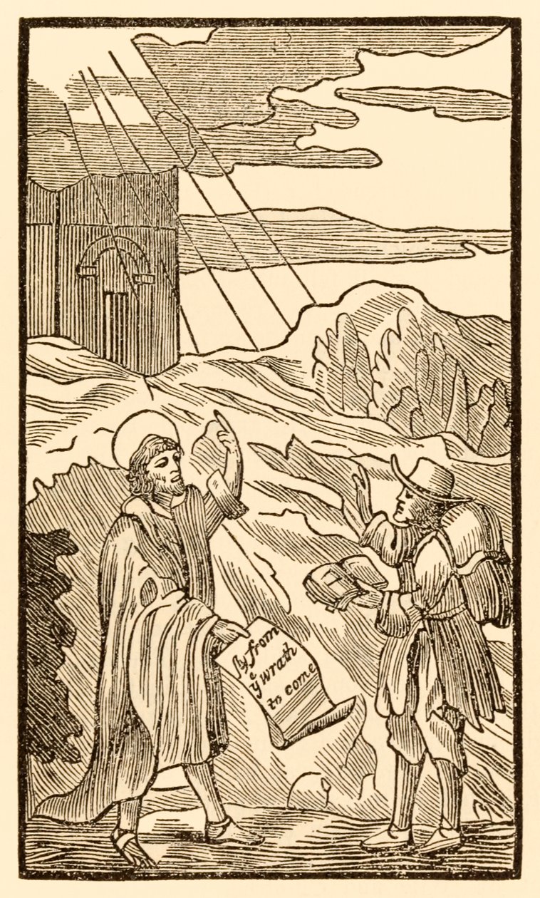 El cristiano no más deja el mundo pero se encuentra con el evangelista de El progreso del peregrino de este mundo, al que está por venir de John Bunyan (1628-1688) de Unknown