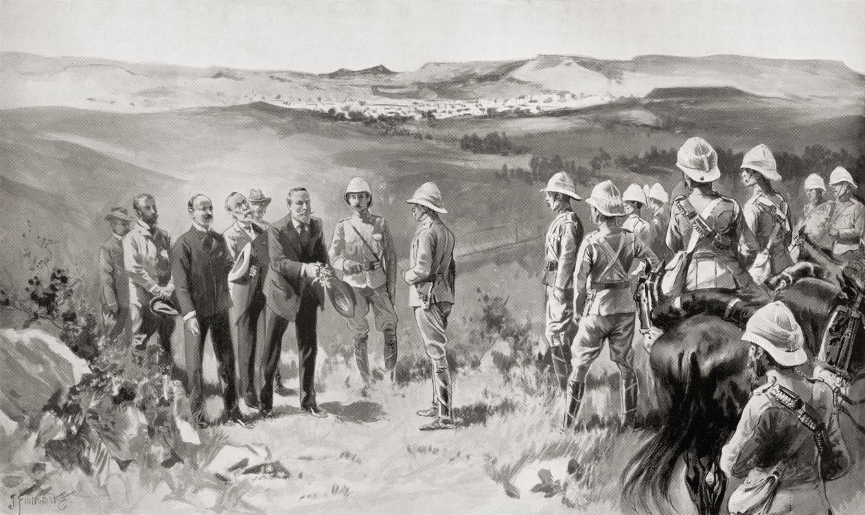 La rendición formal de Bloemfontein a Lord Roberts por el Sr. Pappenfus, el Sr. Kellner y el Sr. Collins el 14 de marzo de 1900, del libro Sudáfrica y la Guerra de Transvaal por Louis Creswicke, pub. 1900 de Unknown