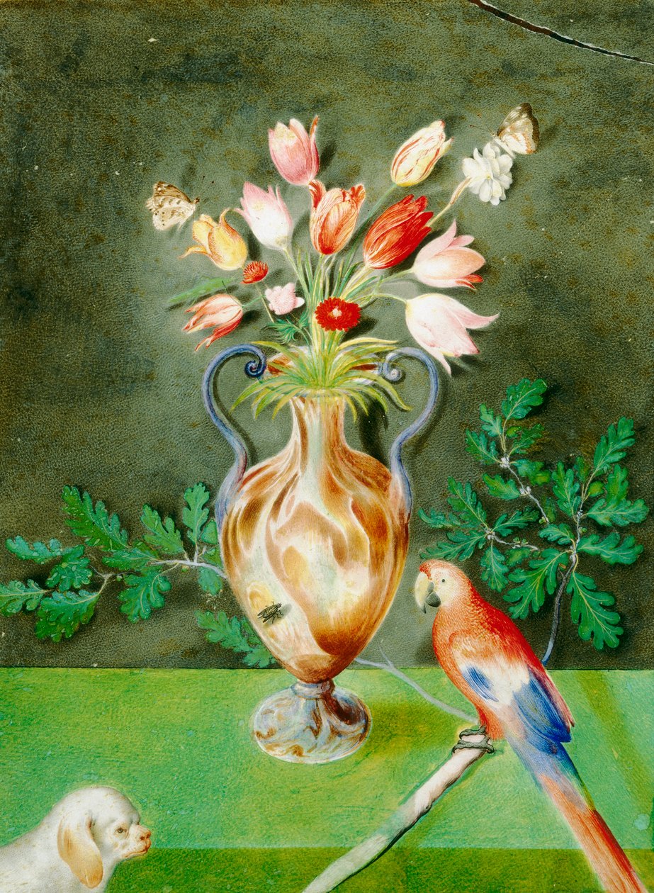 Jarrón de flores, loro y perro faldero, c.1600-25 de Unknown