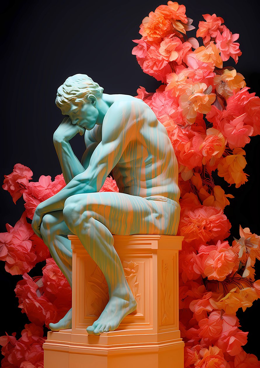 La estatua del pensador en decoupage floral, Pósters en lienzo, Impresiones murales online de F. Abderrahim