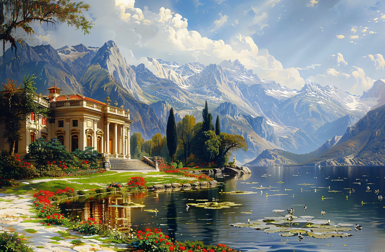 Pintura de paisaje urbano : Villa y lago en estilo de la Antigua Grecia para decoración de pared de F. Abderrahim