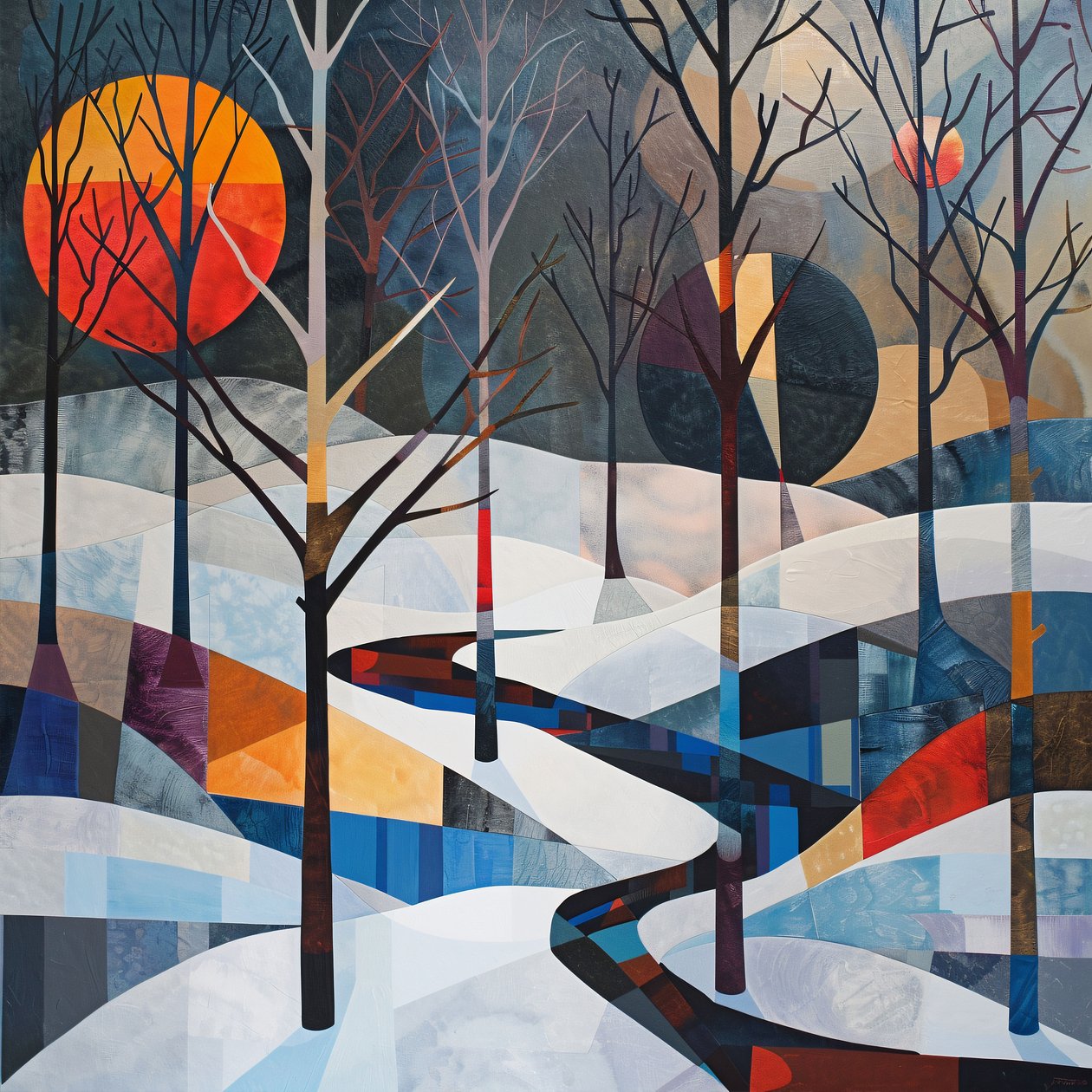 Árboles y paisaje de invierno, forma geométrica abstracta para impresiones artísticas de pared de F. Abderrahim