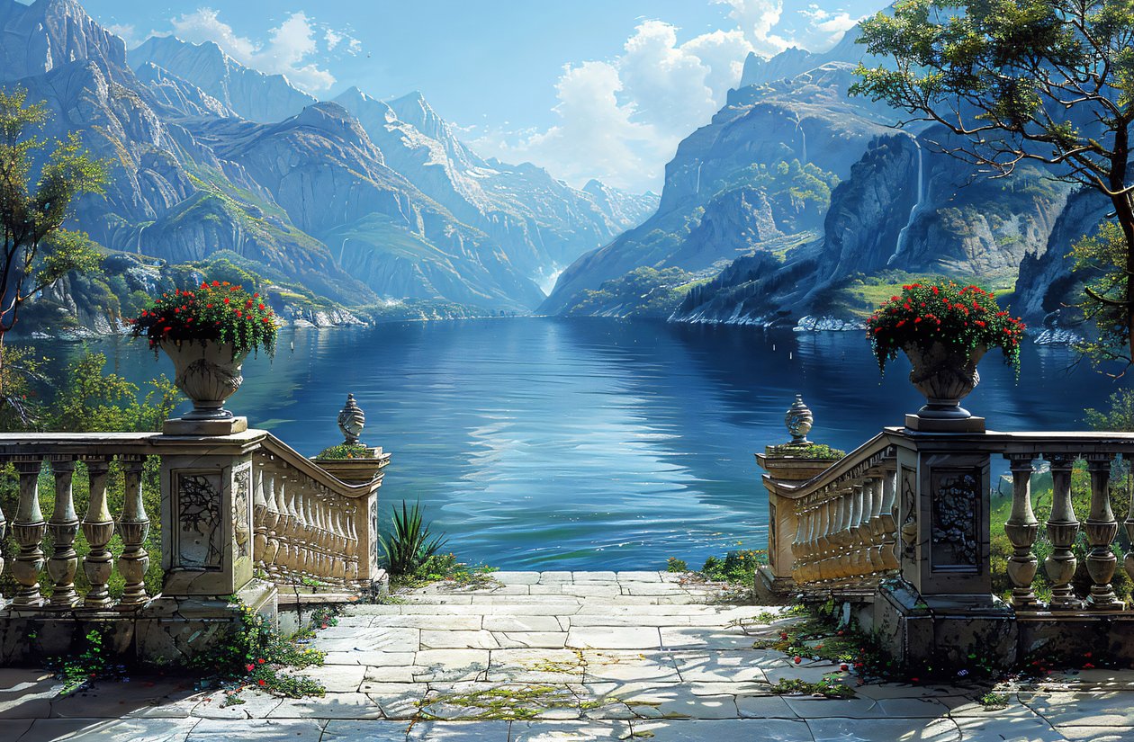 Impresiones artísticas : Vista de un lago y paisaje natural desde un balcón de F. Abderrahim