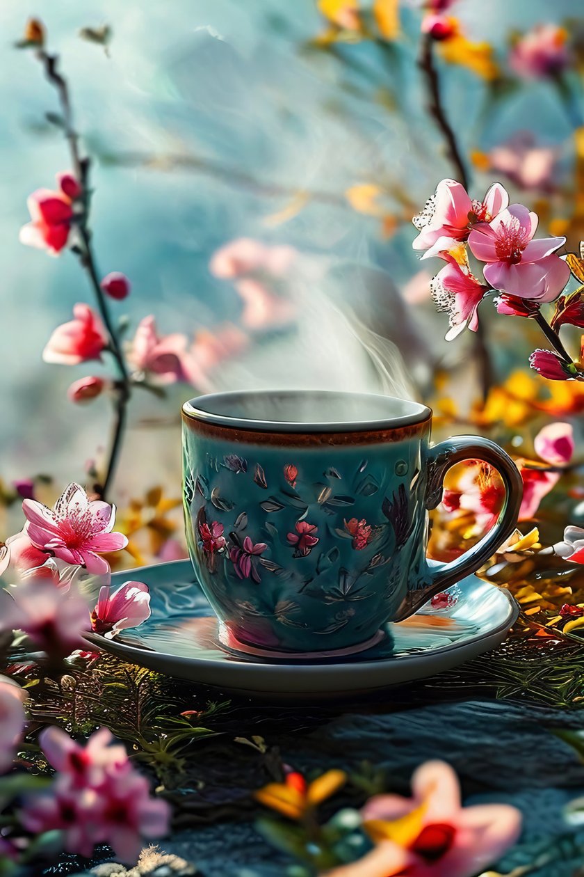 Eine surreale Tasse Kaffee, gesäumt von Blumen für moderne Wandkunstdekoration von F. Abderrahim