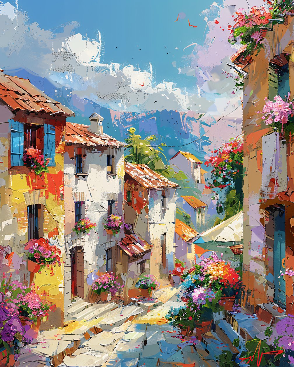 Pintura abstracta : casas de colores en una antigua ciudad tradicional decoración de arte de la pared de F. Abderrahim