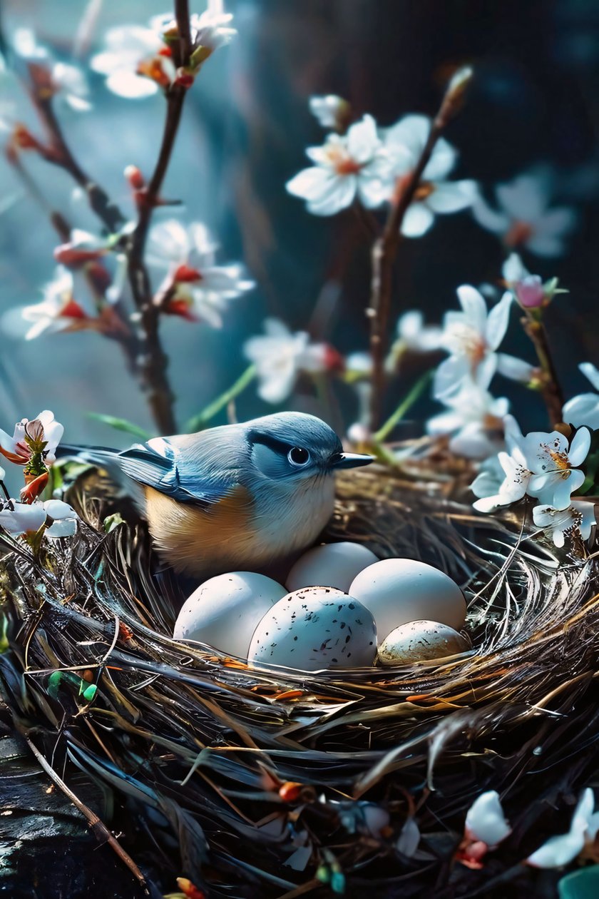 Pájaro incubando huevos rodeado de flores blancas para impresión póster arte de F. Abderrahim