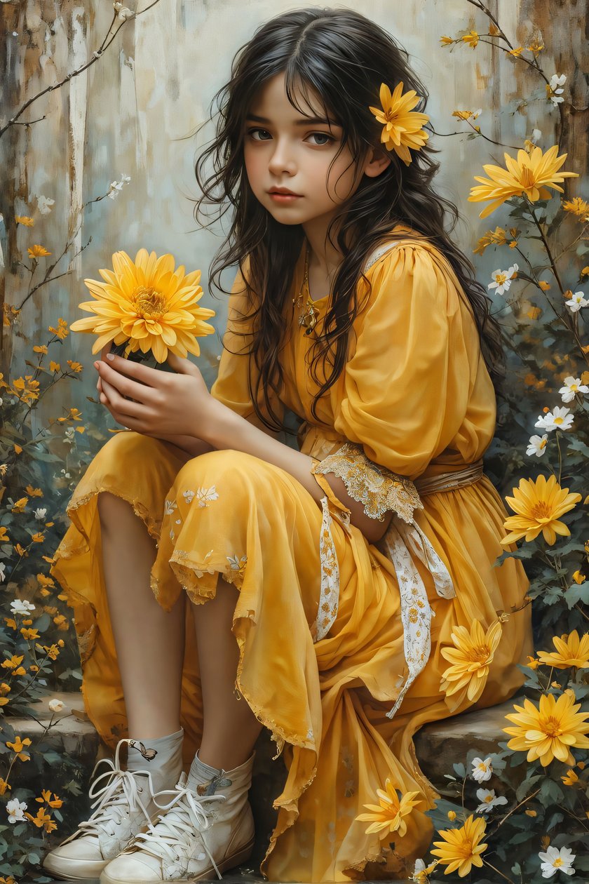 inocente Hermosa niña sosteniendo flores en un paisaje naturaleza y belleza impresiones artísticas de F. Abderrahim