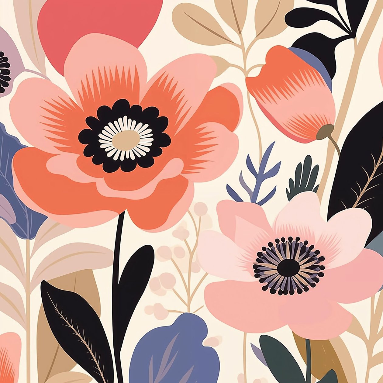 Ilustración botánica pastel flores en negrita, estilo matisse | impresiones de arte de la pared de F. Abderrahim