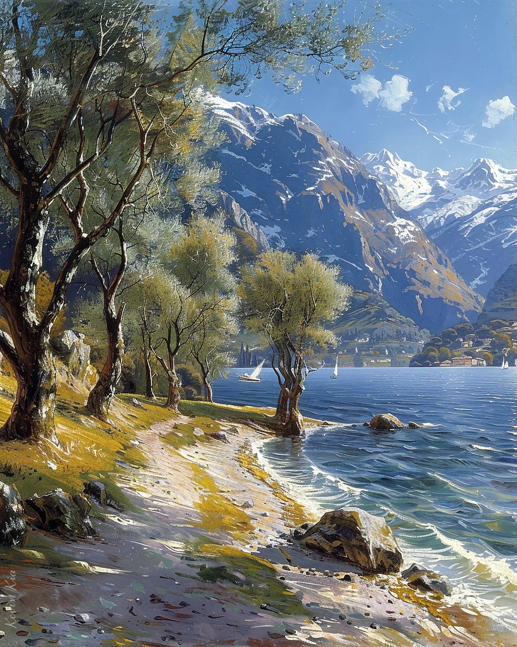 Paisaje de montaña y bosque con un lago tranquilo, impresiones artísticas en línea de F. Abderrahim
