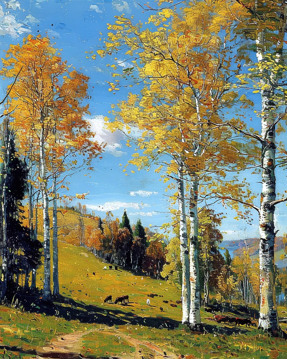 Paisaje con un bosque de abedules y follaje vibrante, Decoración de pared para cualquier habitación de F. Abderrahim