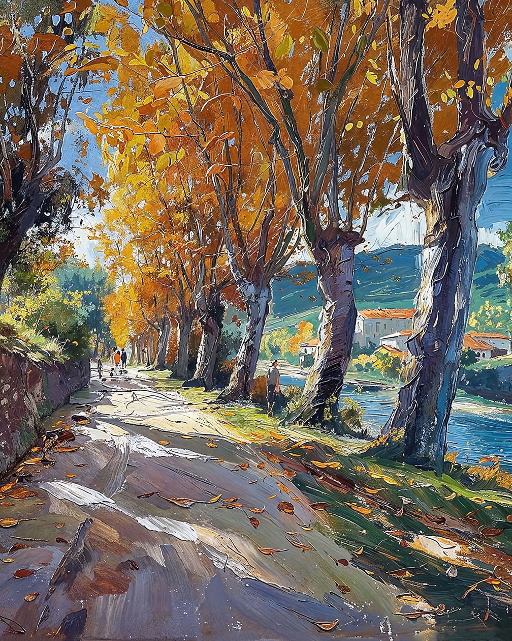 Camino rural a través del bosque, paisaje impresionista de F. Abderrahim