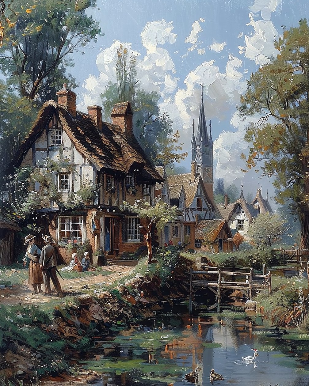 Dibujo de un pueblo y casas de madera de la Edad Media de F. Abderrahim