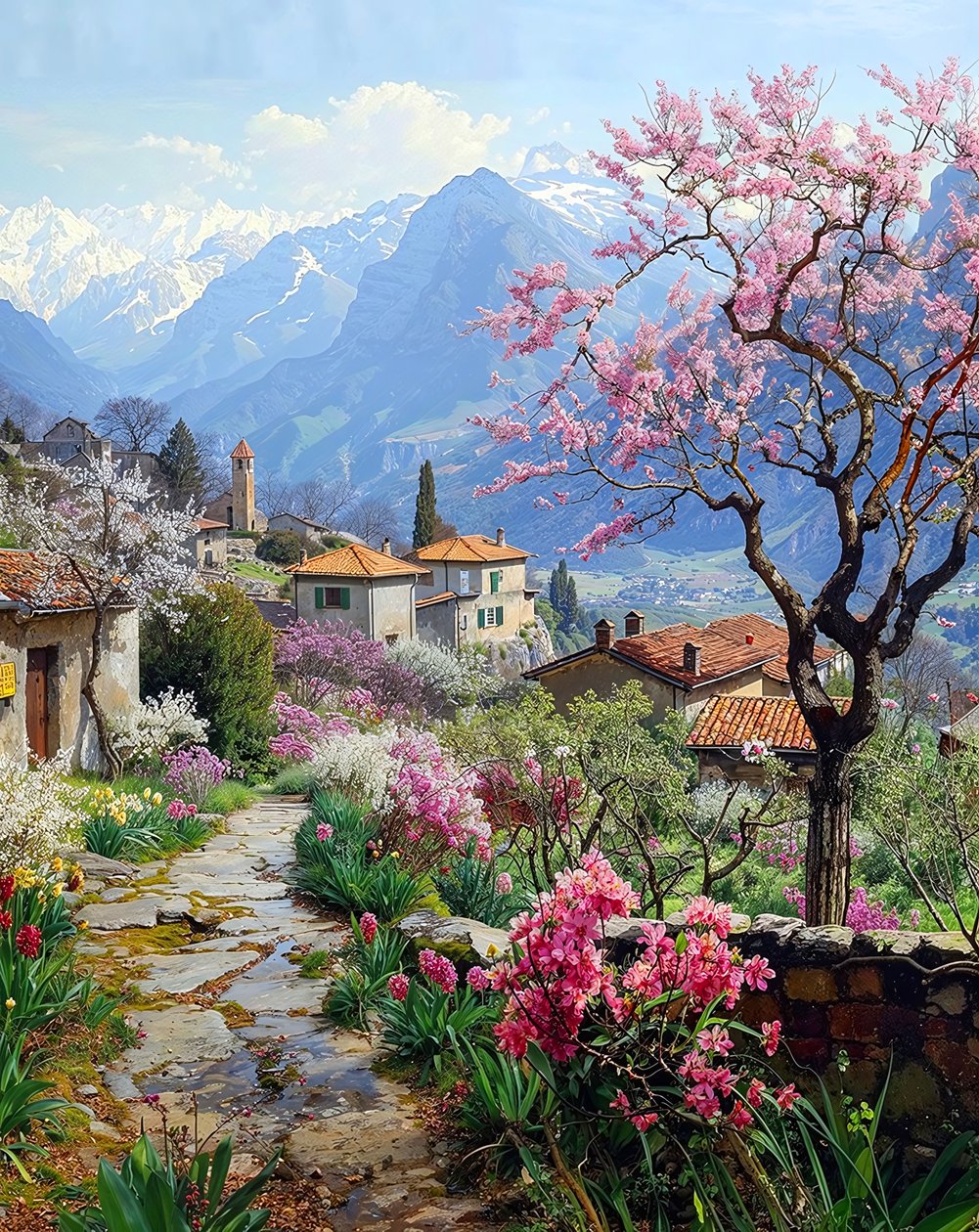 Un bonito pueblo rodeado de plantas en flor en un paisaje montañoso de F. Abderrahim