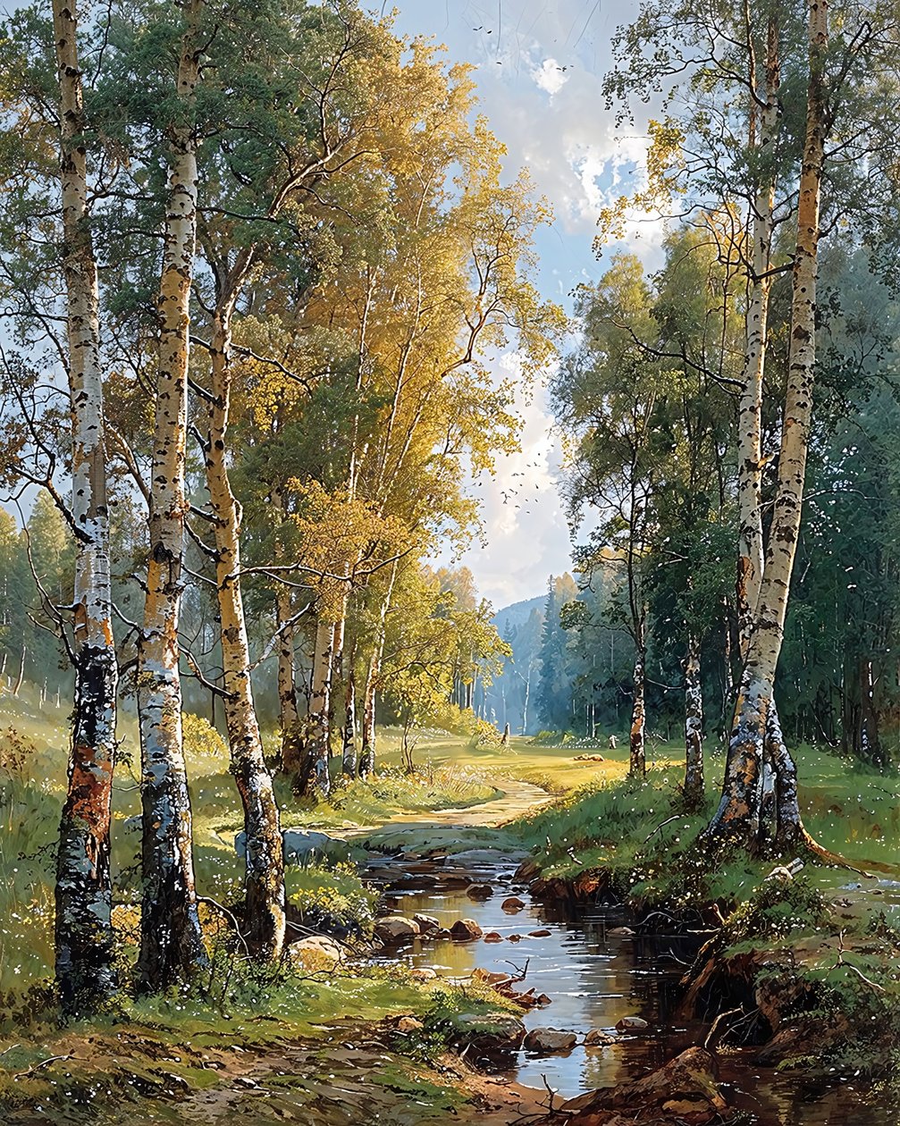 Un arroyo que atraviesa un bosque de abedules, Decoraciones de pared para cualquier habitación de F. Abderrahim