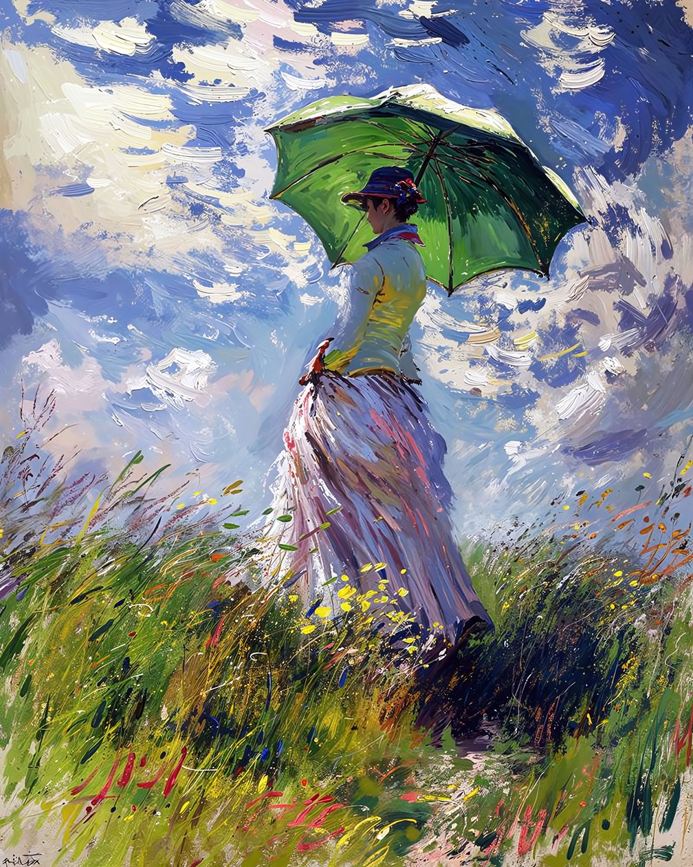 Mujer con vestido y paraguas caminando por una colina verde en primavera de F. Abderrahim