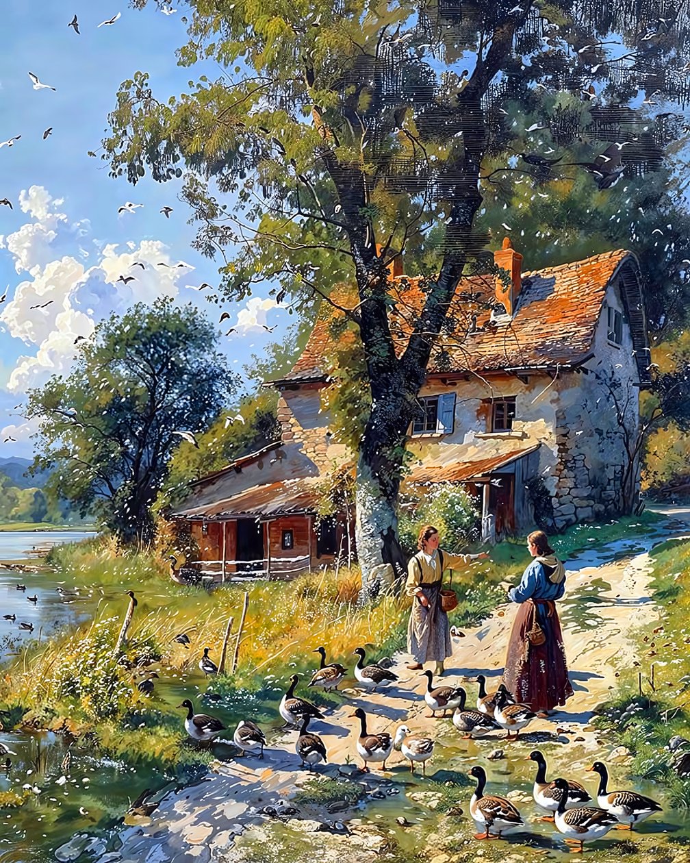 chica de campo cuida de una bandada de patos, Wall Decor en venta de F. Abderrahim