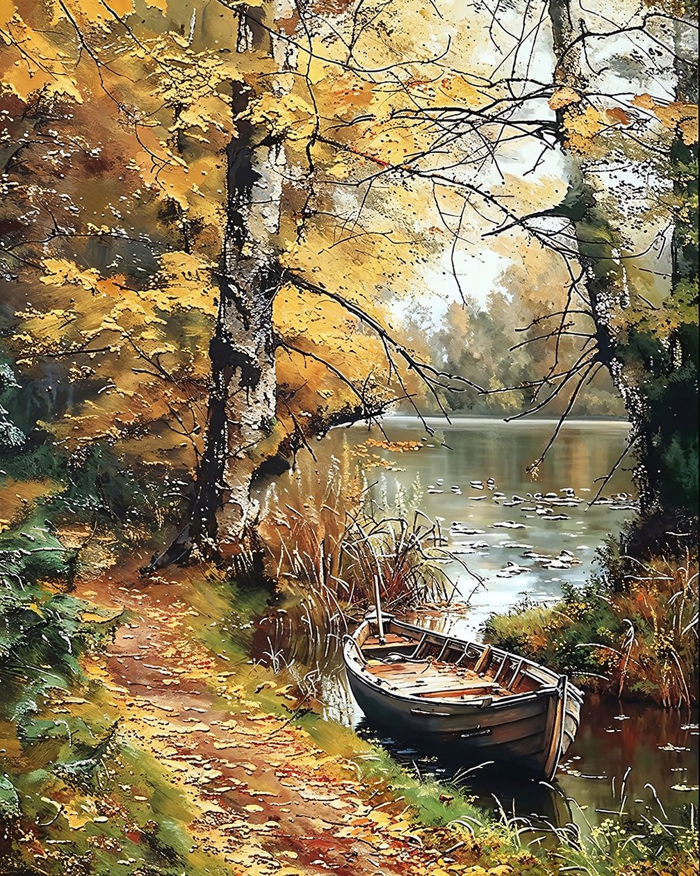 Un barco de madera en medio de un lago encantado, Wall Decor en venta de F. Abderrahim