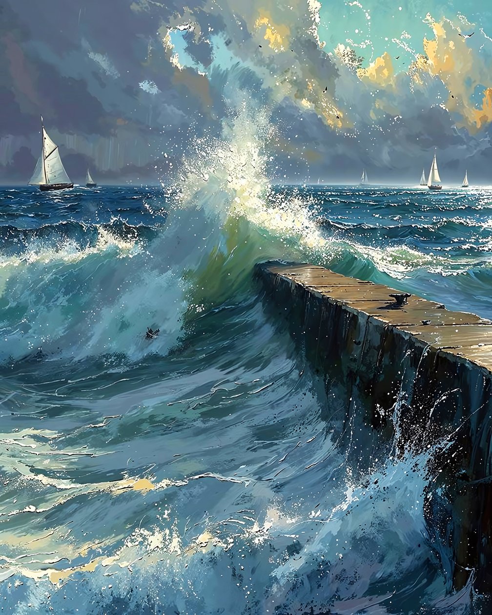 Olas embravecidas y barcos en el horizonte, ideas de decoración de pared de F. Abderrahim