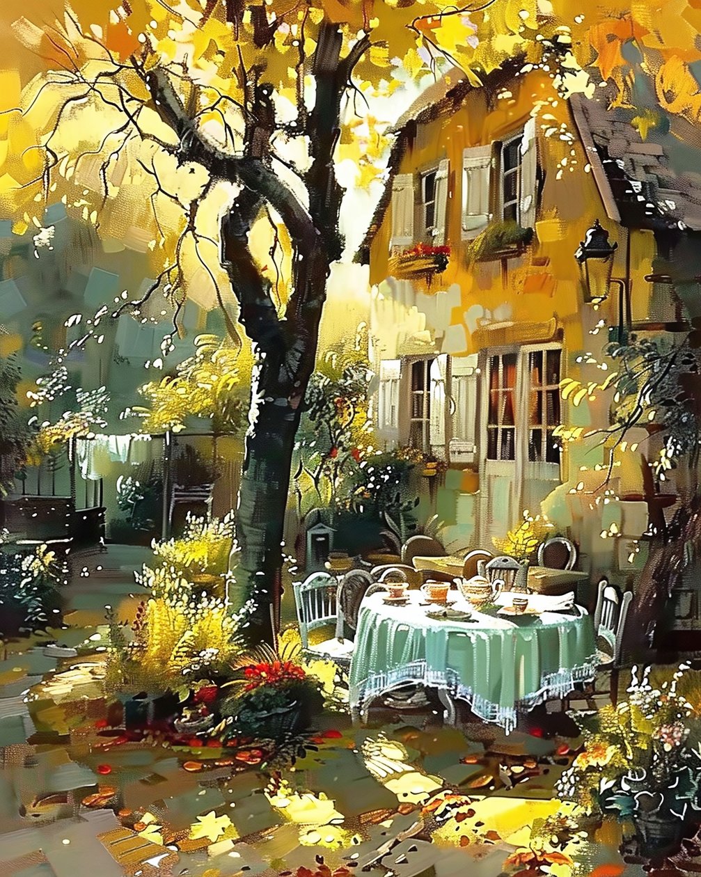 Mesa de almuerzo en el jardín de una casa en Francia, impresiones artísticas en línea de F. Abderrahim