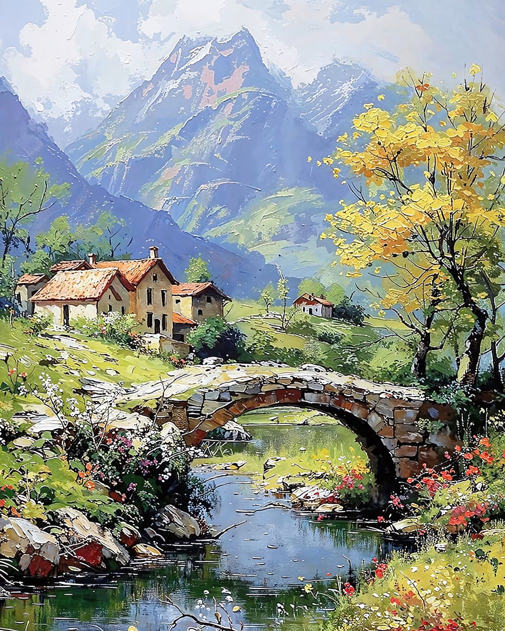 Paisaje con puesta de sol sobre las montañas, decoración de pared y reproducciones en lienzo de F. Abderrahim