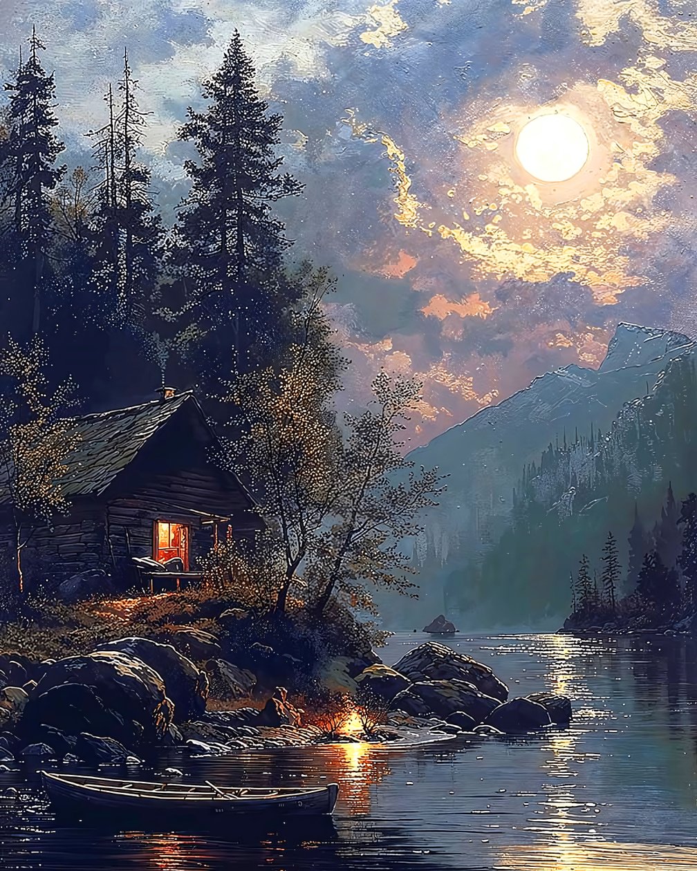 Casa junto a un lago pintada a la luz de la luna, ideas de decoración de pared para imprimir de F. Abderrahim