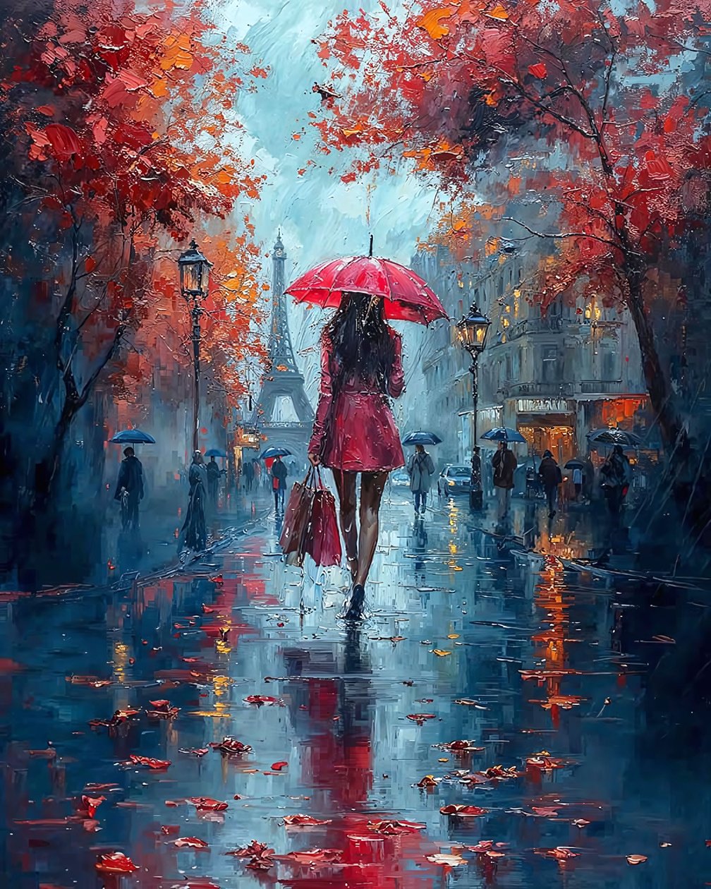 Elegante dama con paraguas caminando por una calle de París, moderna decoración de pared de F. Abderrahim