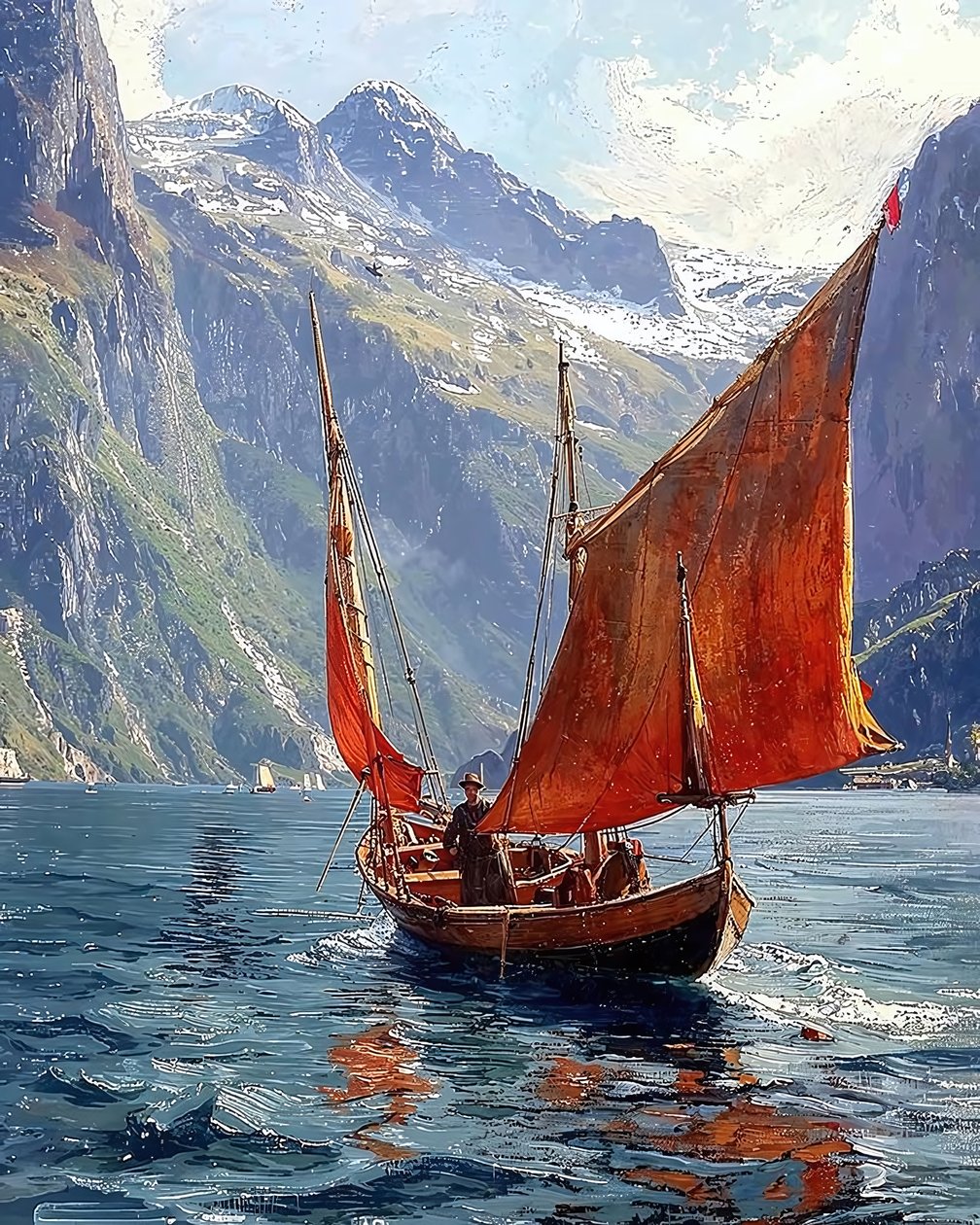Un velero en un valle entre montañas, Decoración mural enmarcada de F. Abderrahim