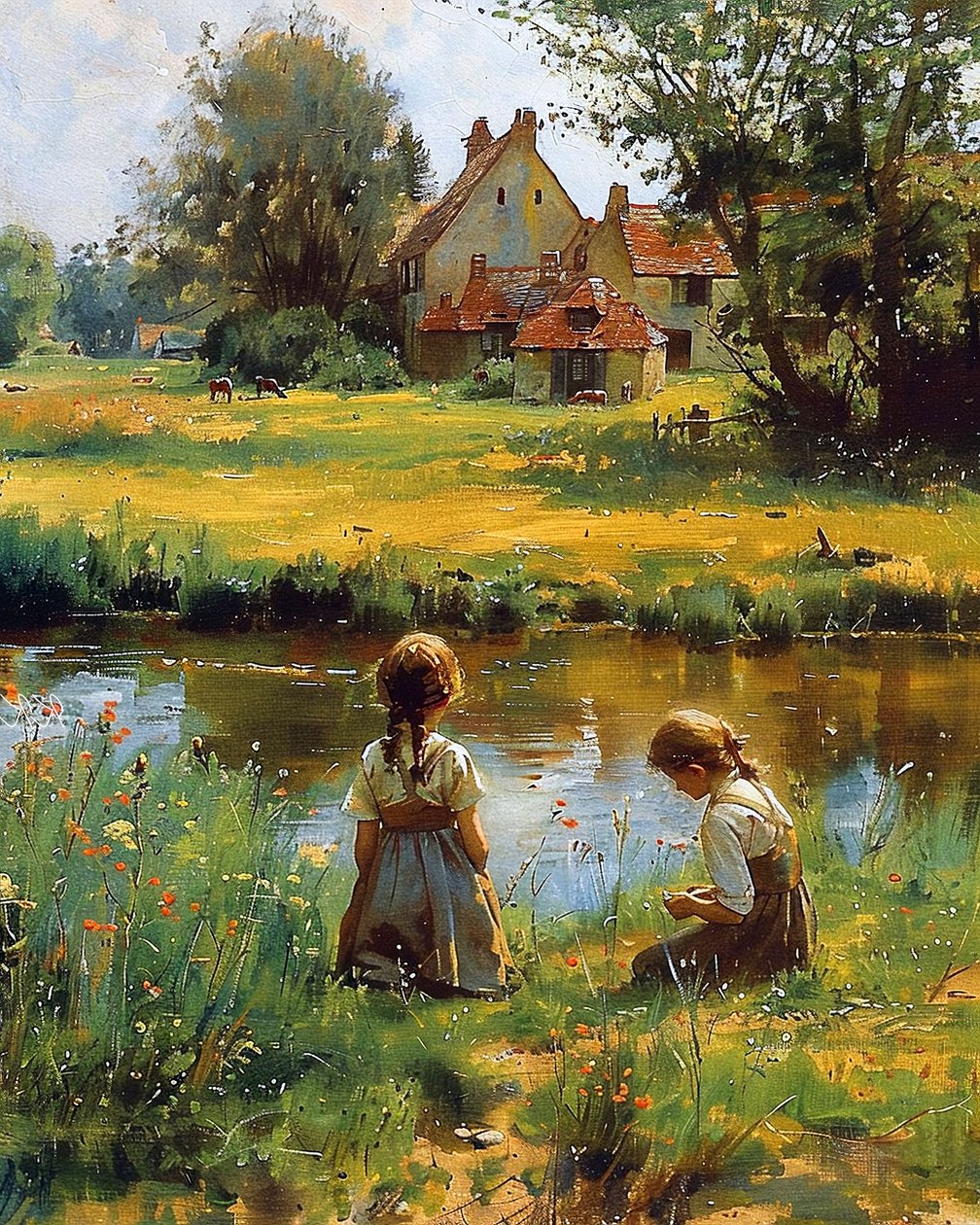 Niños jugando fuera de casa en el campo, impresiones en lienzo de F. Abderrahim