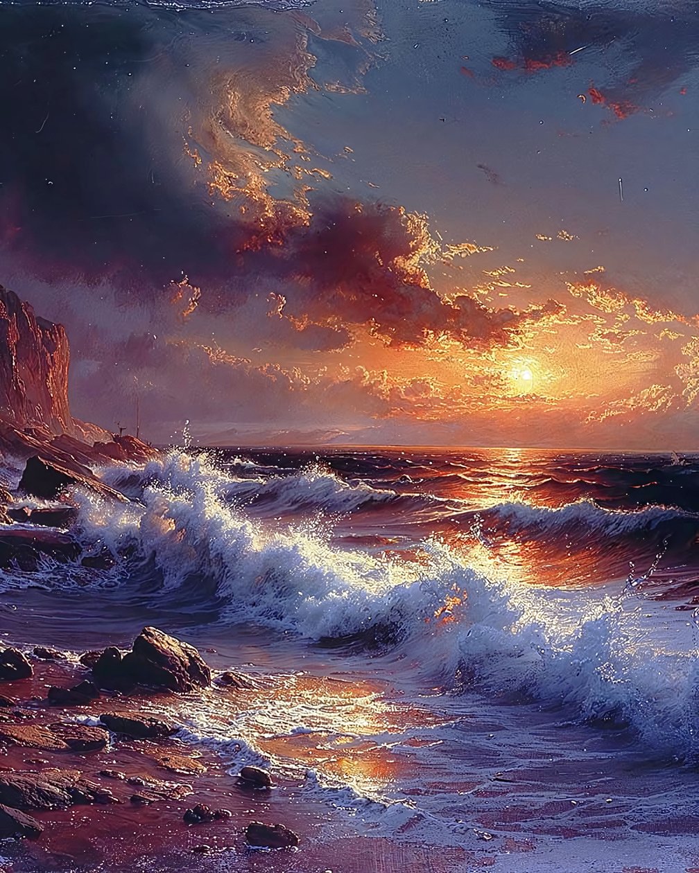 Delicado dibujo de olas al atardecer en la orilla del mar, decoración de pared Naturaleza de F. Abderrahim