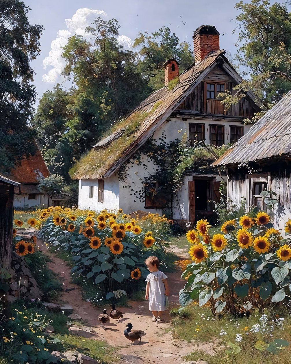 Un niño juega frente a una antigua granja rodeada de lienzos de girasoles de F. Abderrahim