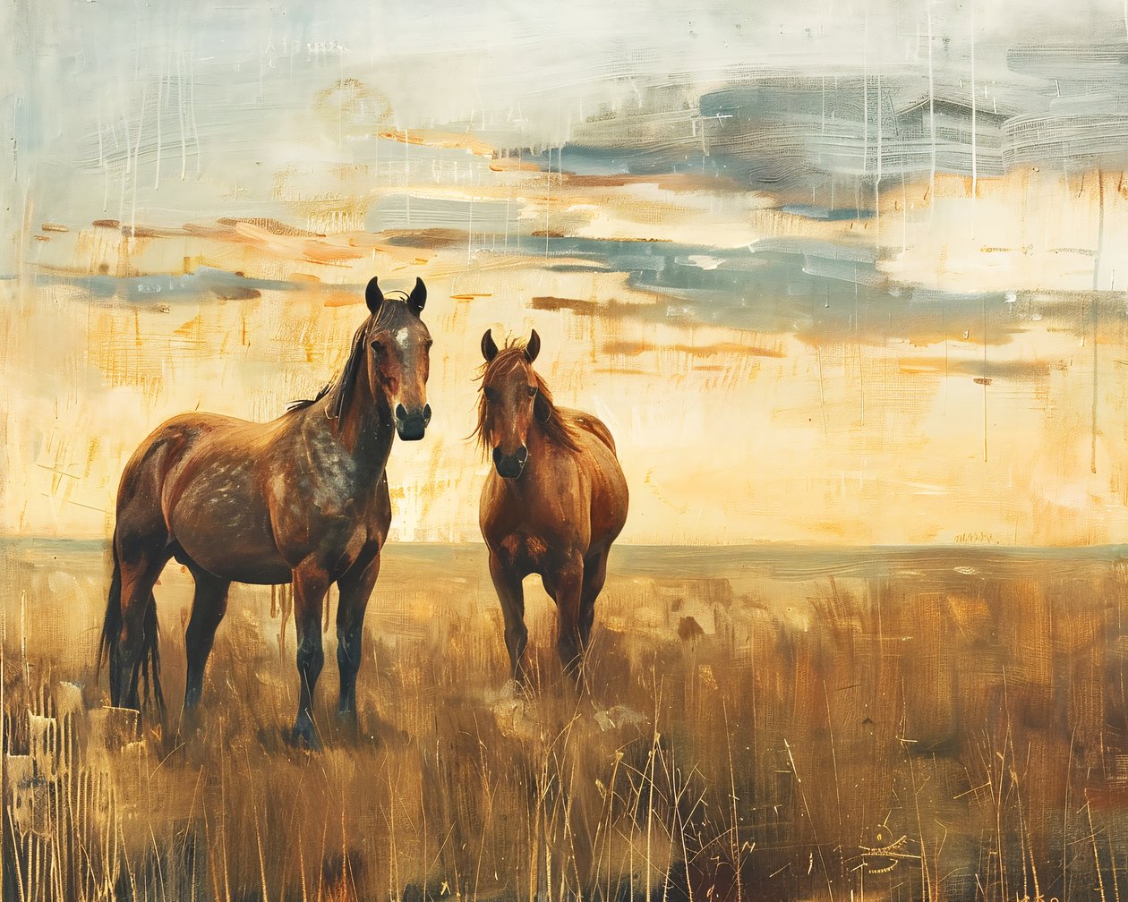 Pintura al óleo Caballos majestuosos en un campo al atardecer, Lienzo y decoración de pared de F. Abderrahim