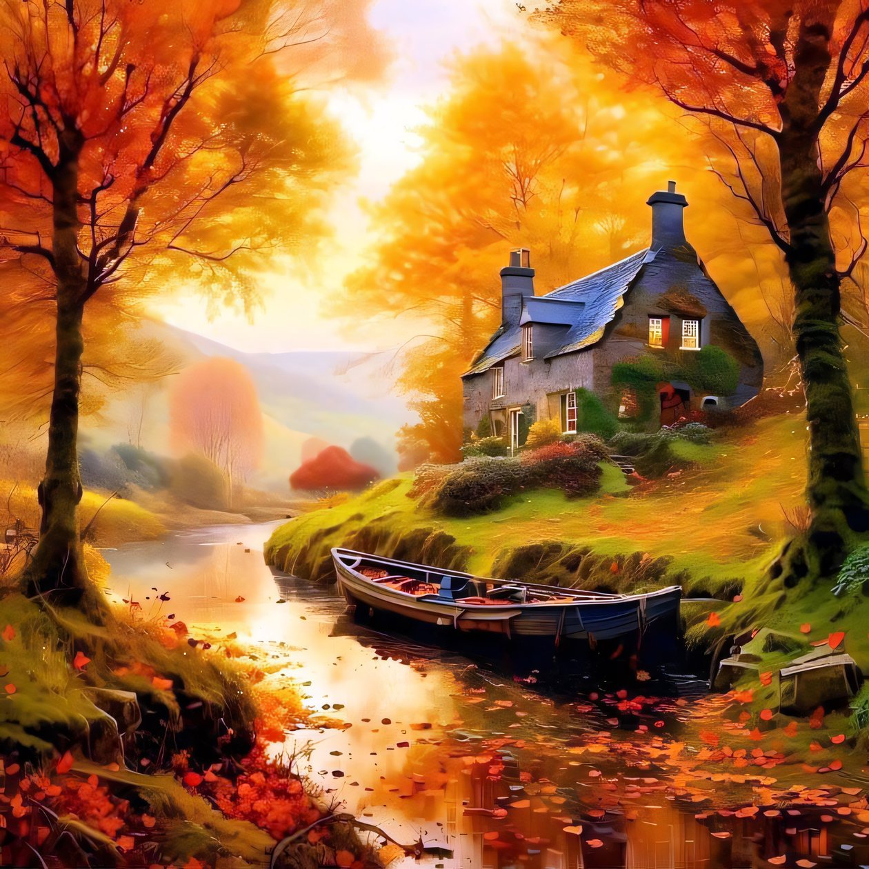 Pintura de una cabaña en el bosque con un arroyo, paisaje otoñal de F. Abderrahim