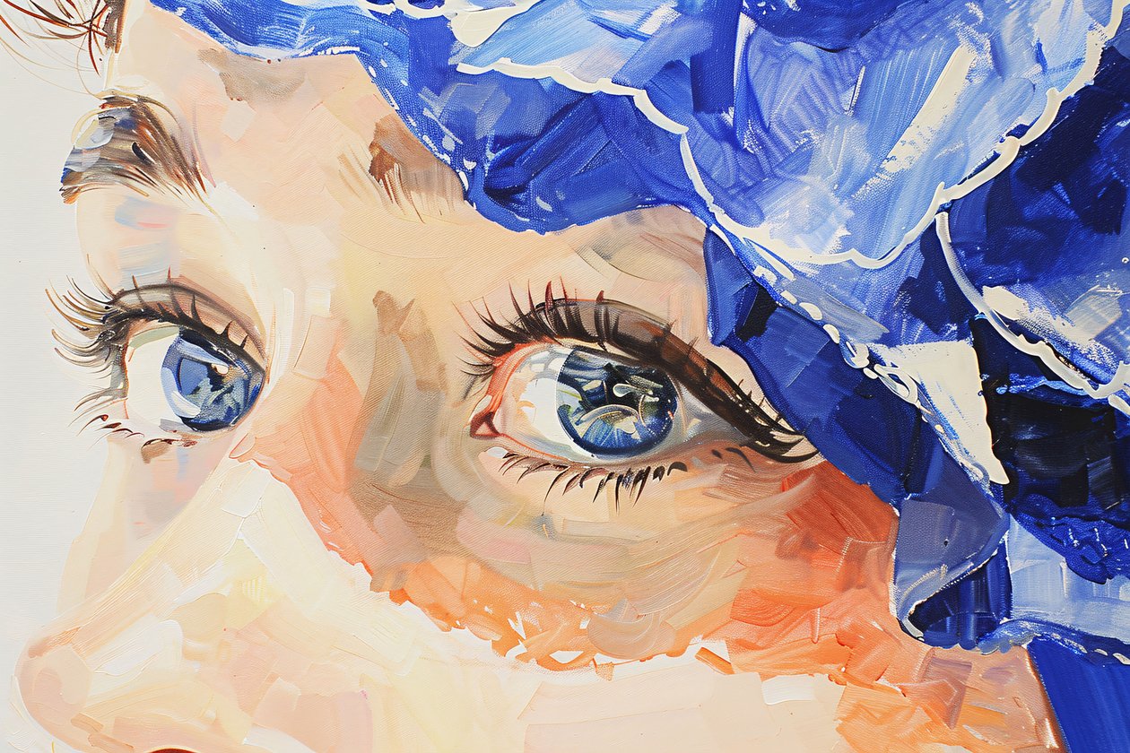 Pintura al óleo realista índigo cinematográfico, Ojo azul femenino de cerca de F. Abderrahim