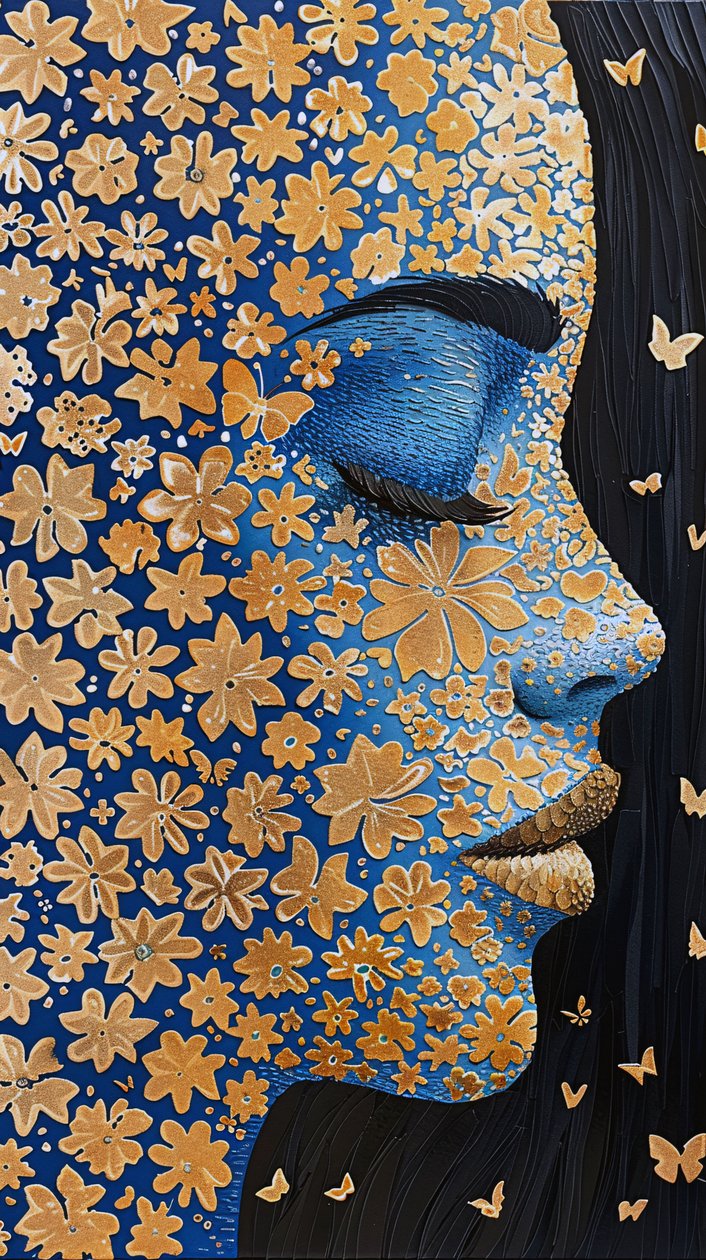 Cara de mujer, lámina de oro Rangoli robótico poder de las flores, ideas de decoración de pared de F. Abderrahim