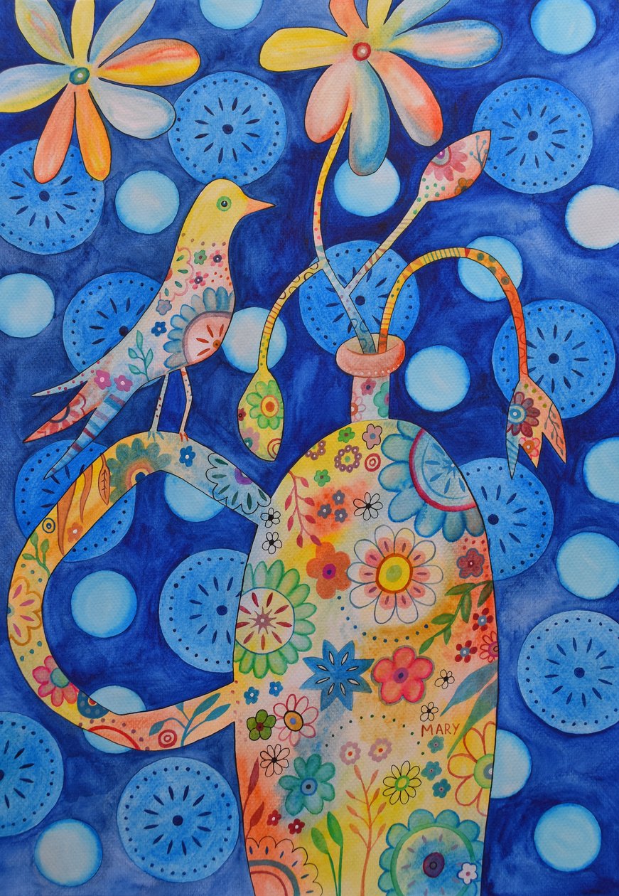 Pájaro en florero de Marys Watercolors