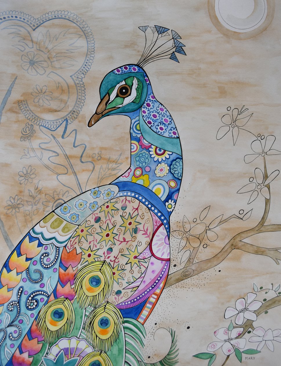Pavo real orgulloso de Marys Watercolors