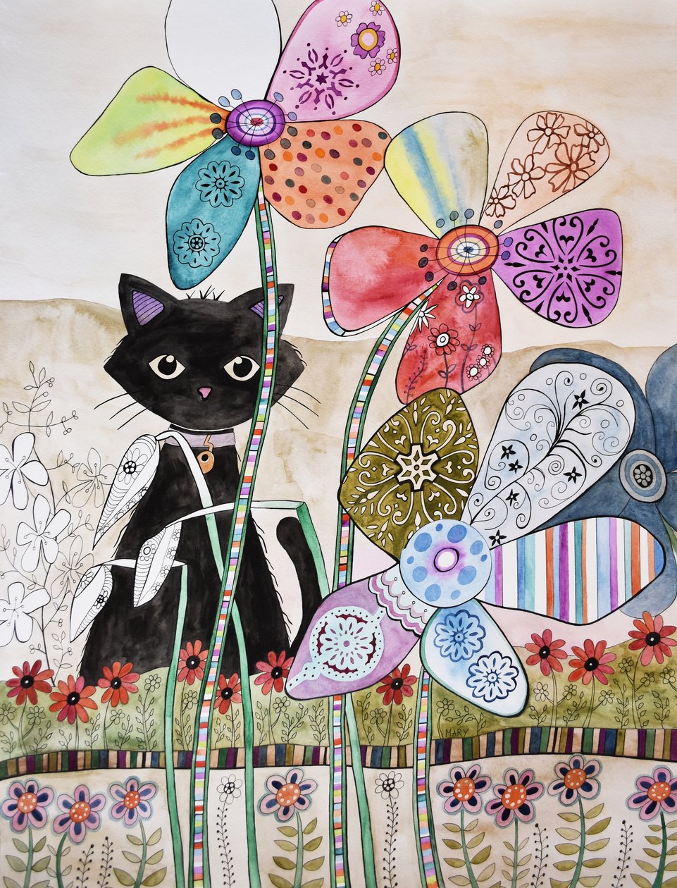 Gato detrás de las flores de Marys Watercolors