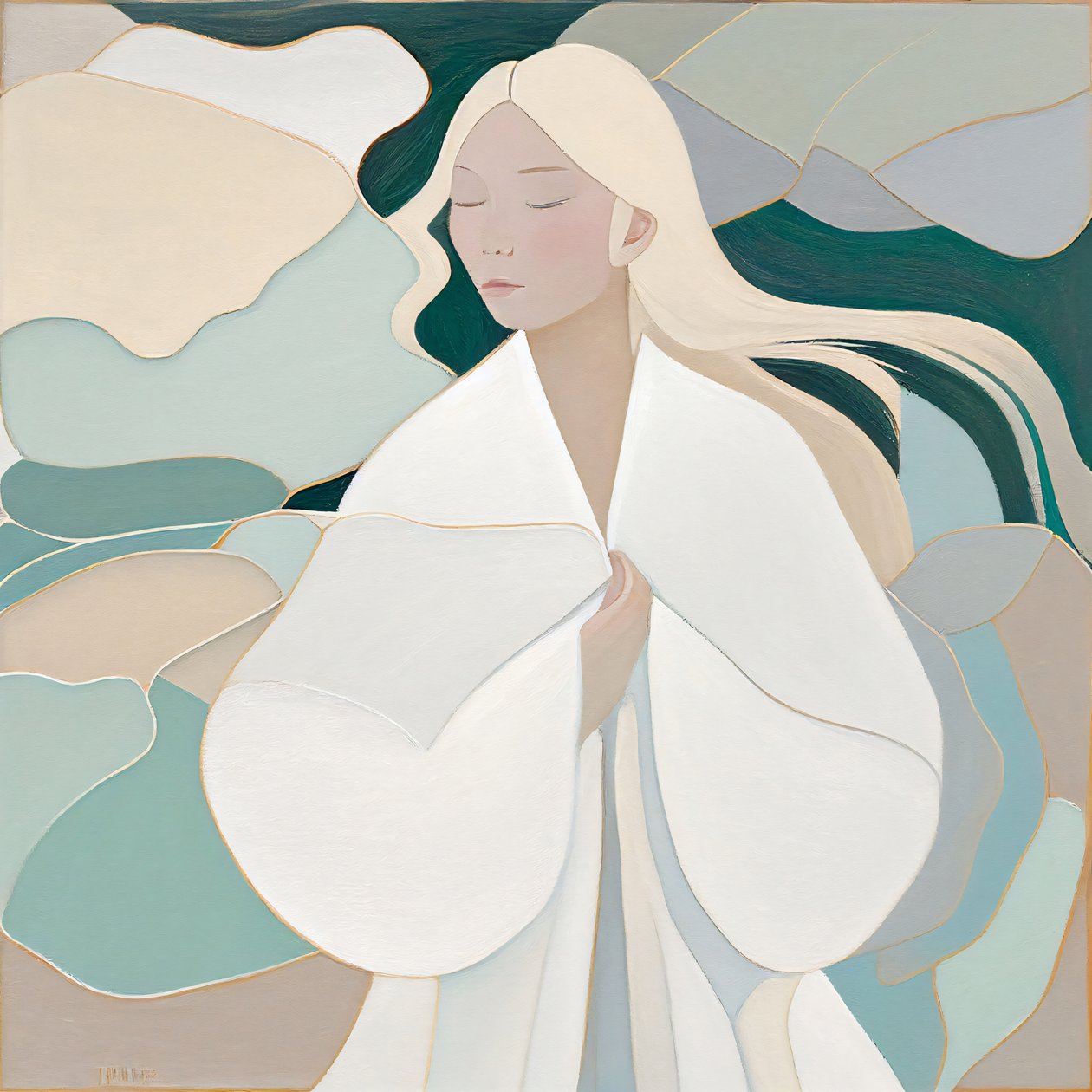 Representación abstracta de una mujer rubia vestida de blanco, impresiones en lienzo de F. Abderrahim