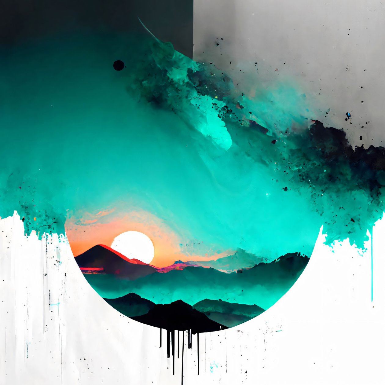 Amanecer minimalista abstracto sobre blanco con toques cerceta, impresión en lienzo bajo demanda de F. Abderrahim