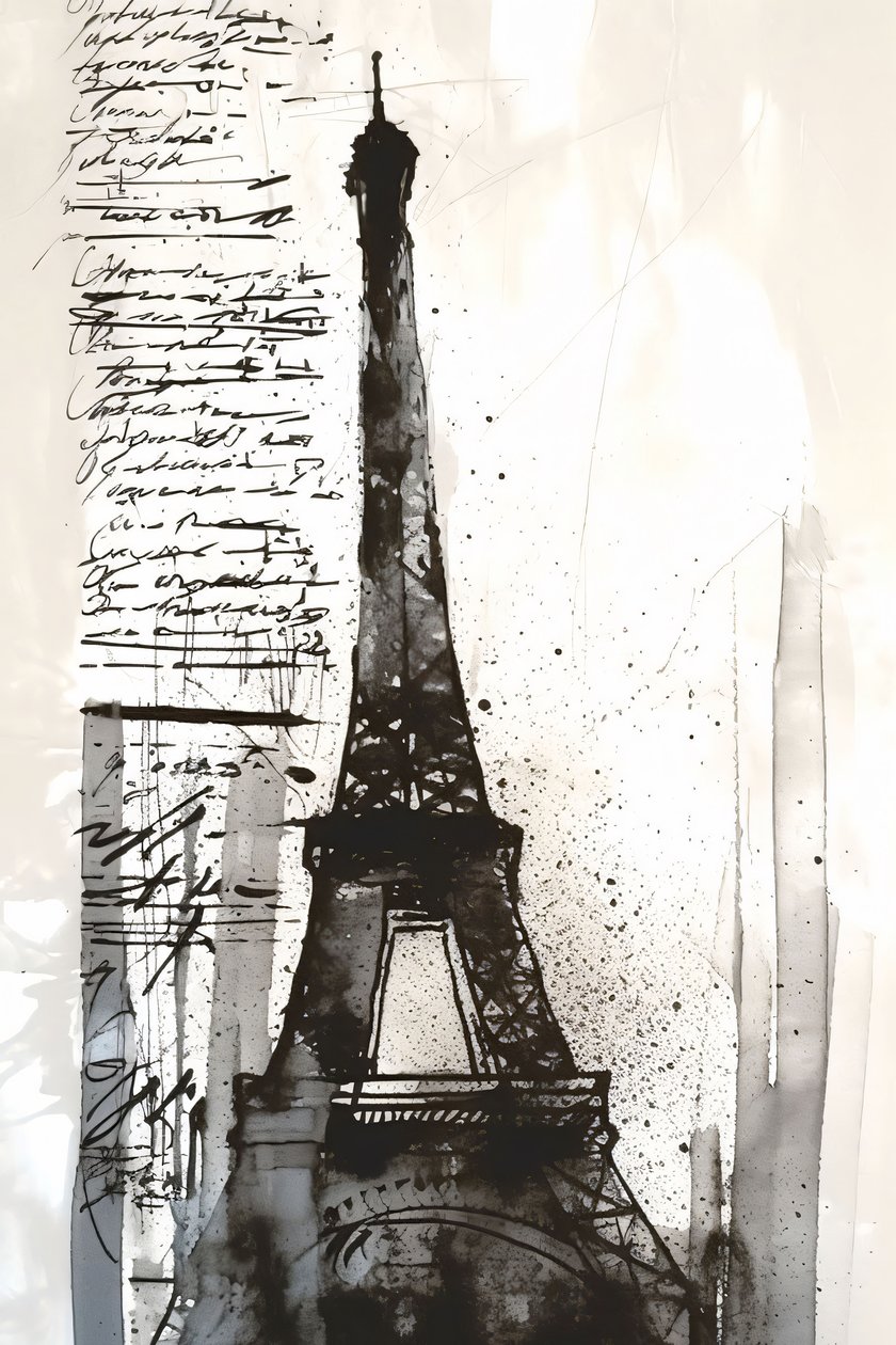 Salpicaduras de pintura negra Torre Eiffel-pintura impresionista, impresión en lienzo enmarcado por encargo de F. Abderrahim