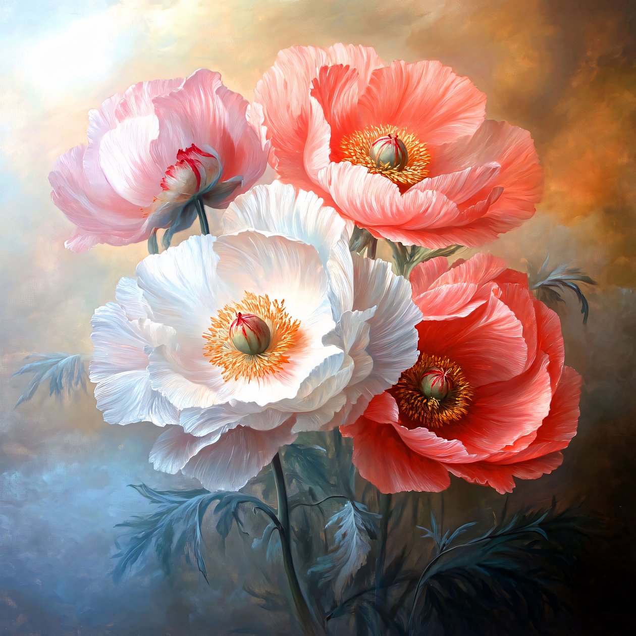 Pintura al óleo, Peonías y amapolas grandes y delicadas, decoración de pared e impresiones en lienzo de F. Abderrahim