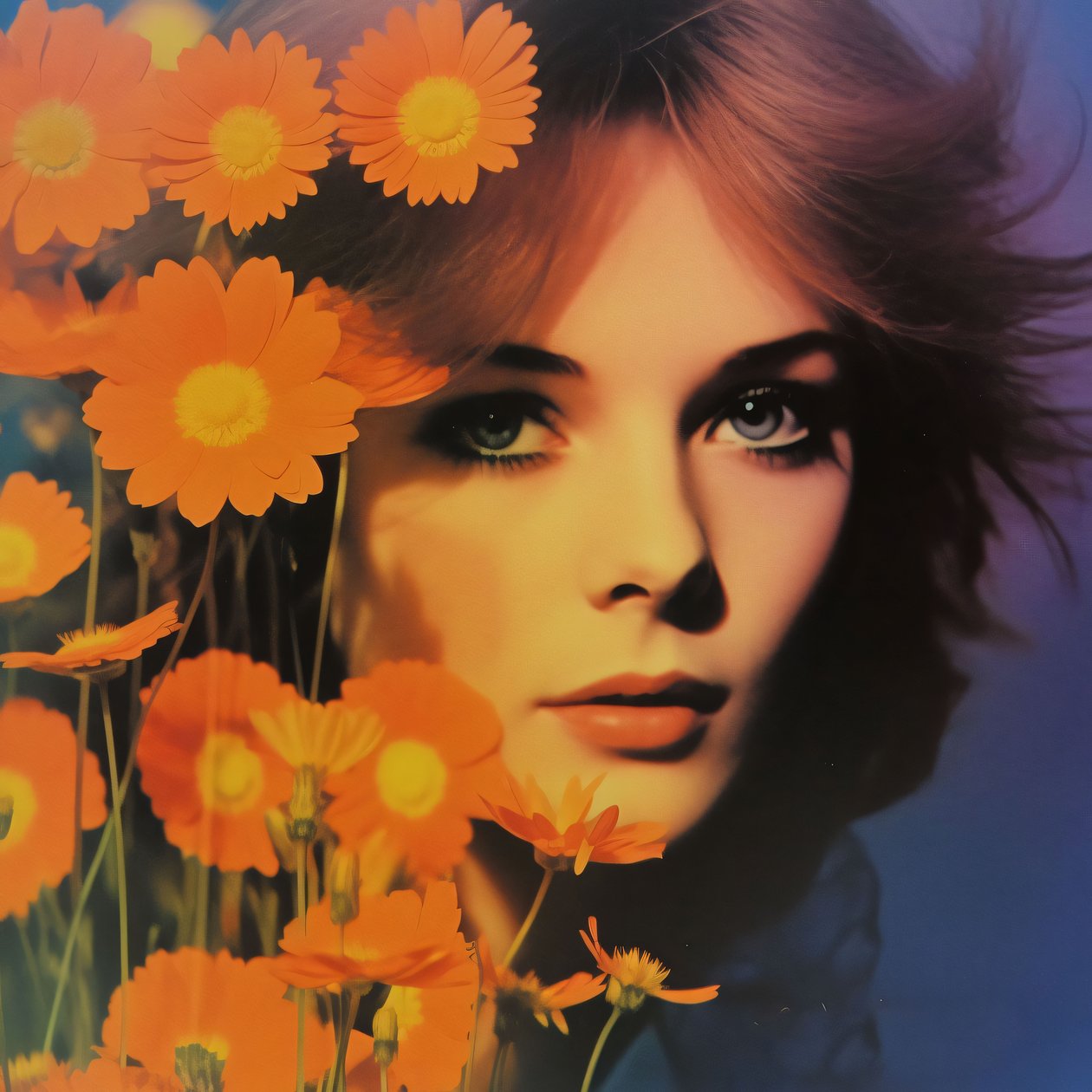 Retrato de mujer y flores vintage, Una visión floral retro, impresiones artísticas online de F. Abderrahim