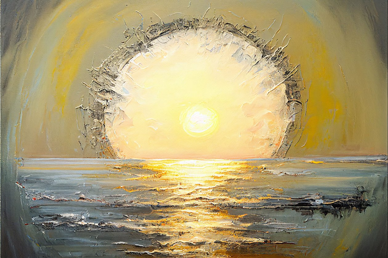 Abstracto de un sol gigante sobre el horizonte del océano, impresiones en lienzo grande de F. Abderrahim