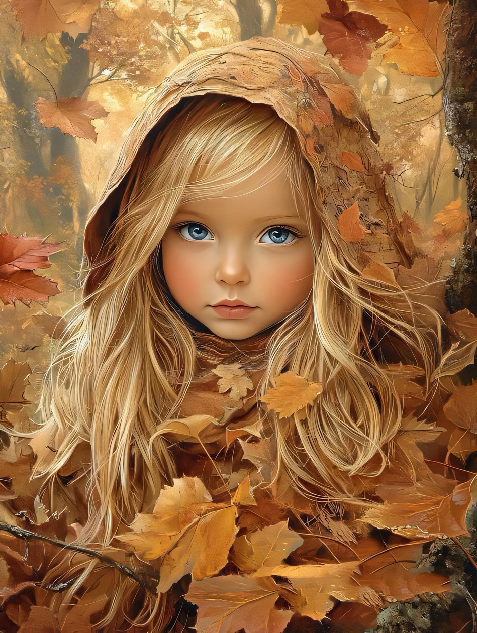 hermosa niña y Hojas de Otoño, lienzo y marco de pared impresión bajo demanda de F. Abderrahim