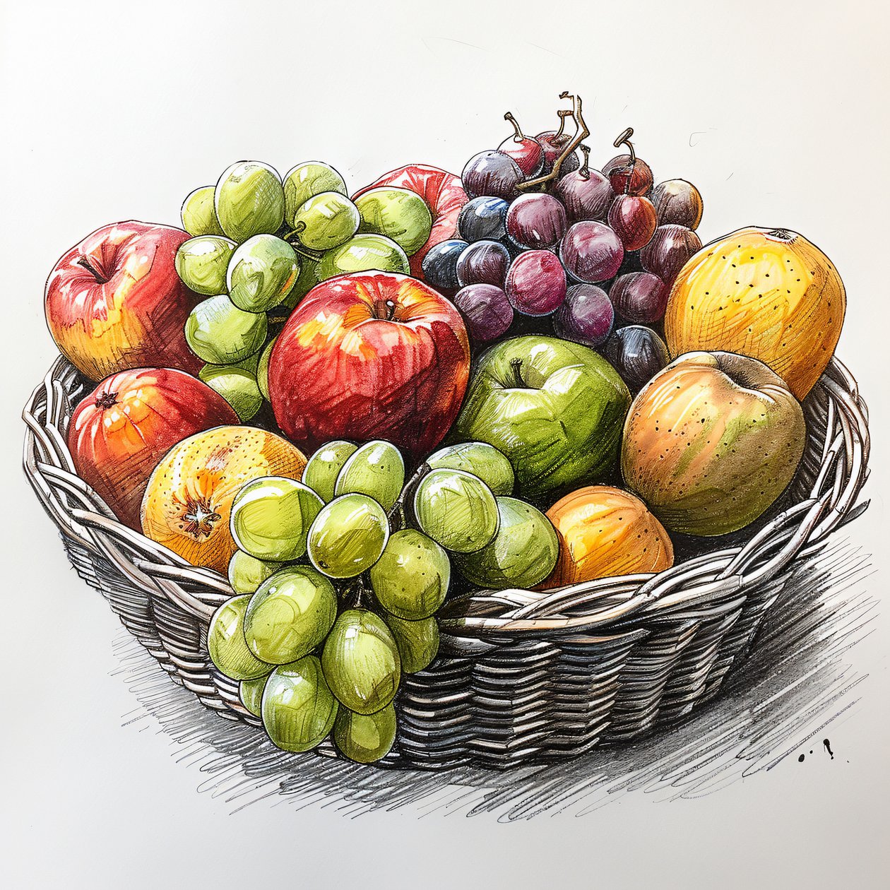 una cesta de fruta, dibujo sencillo de bodegón, impresiones murales por encargo de F. Abderrahim