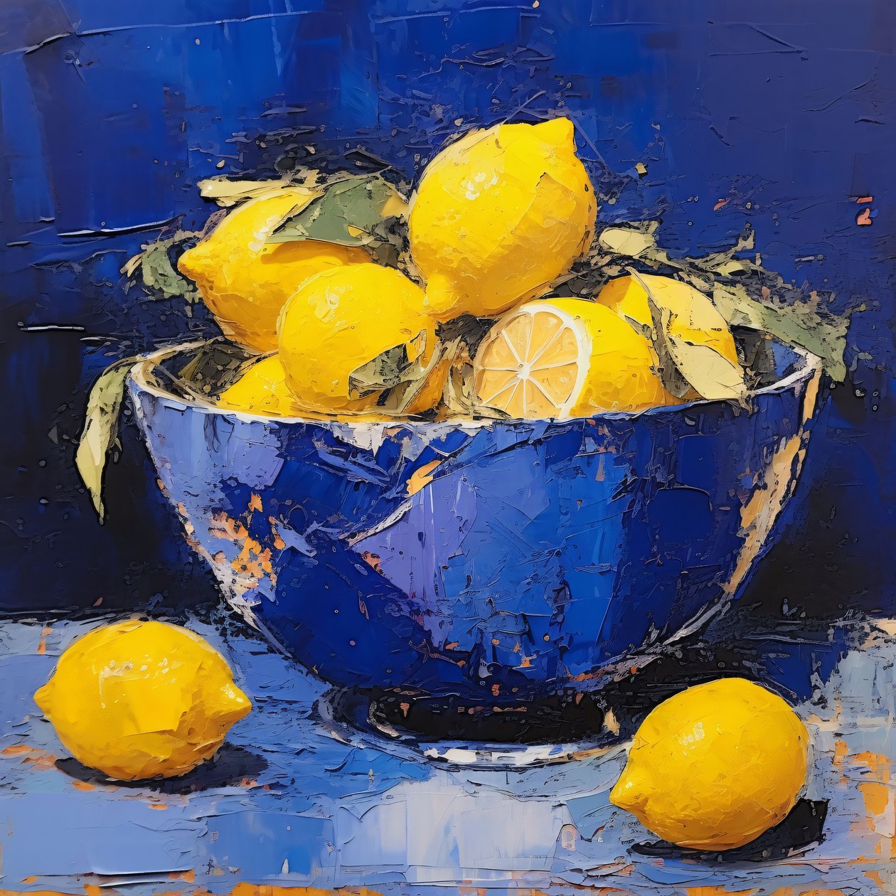 Un jarrón de cerámica azul con limón en la cocina, Decoración de pared enmarcada de F. Abderrahim