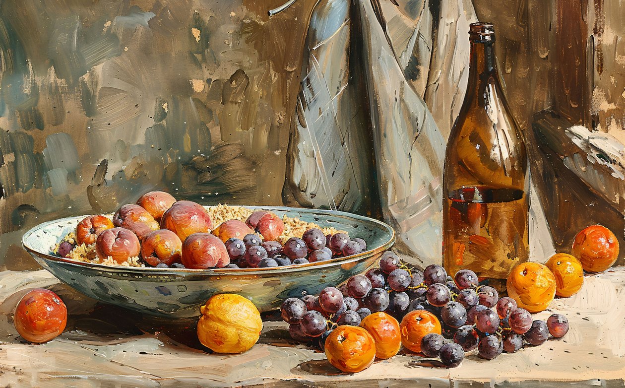 Un bodegón, frutas y botella de vino, pintura pincelada, Decoración de la pared para la venta de F. Abderrahim