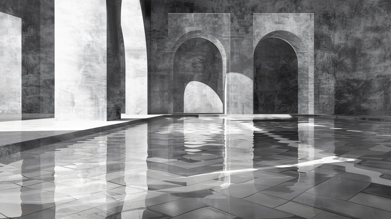 Arcos y puertas en un palacio de mármol, arquitectura, Blanco y negro, impresiones murales de F. Abderrahim