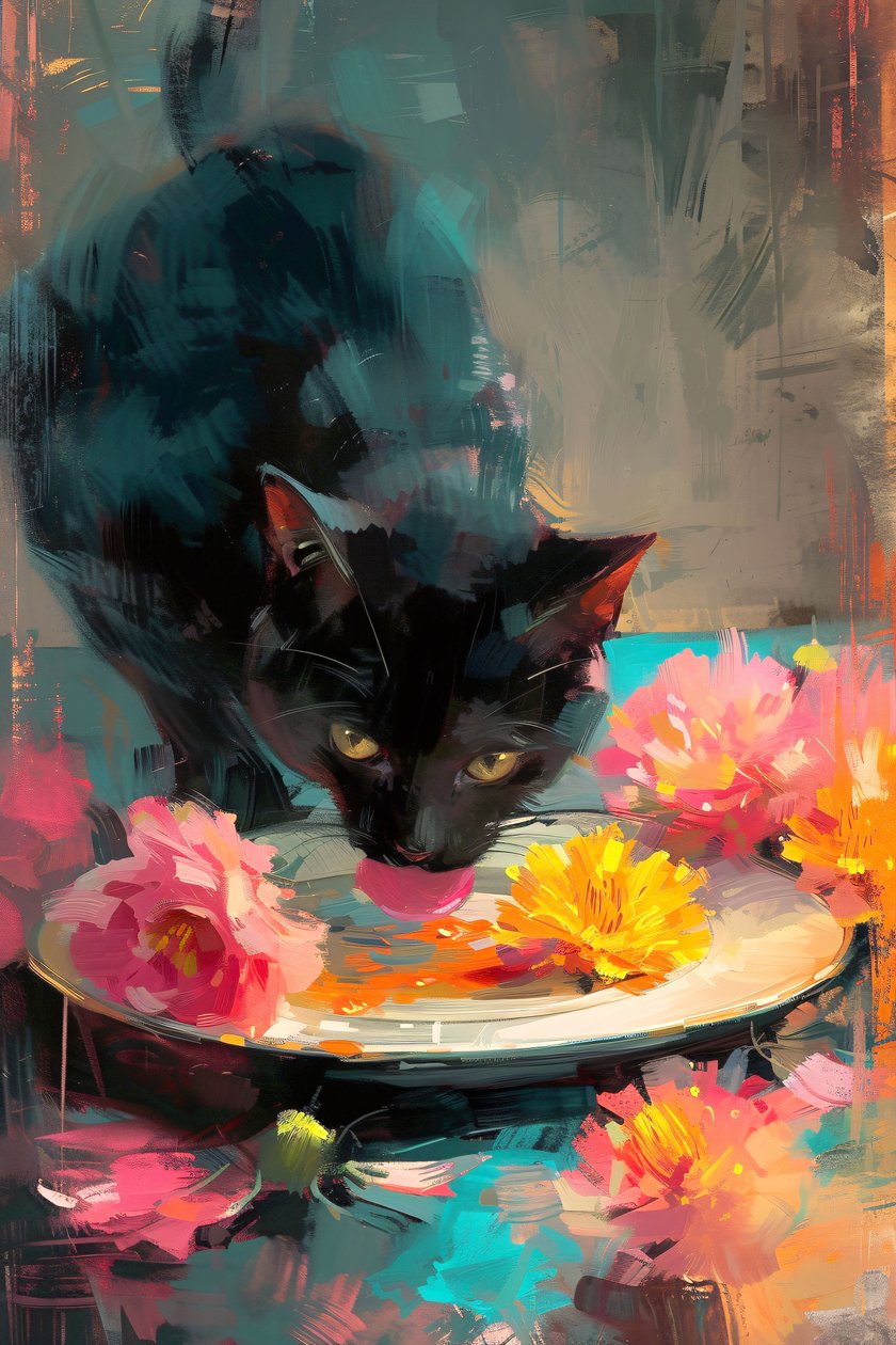 Gato negro comiendo un plato de flores, pintura impresionista, impresiones artísticas online de F. Abderrahim