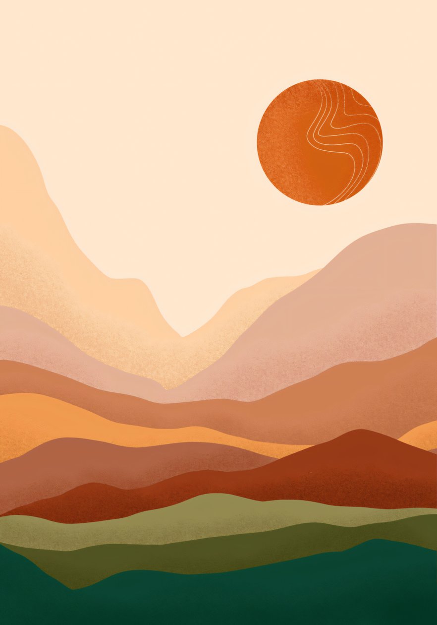 Póster minimalista Bohemian Sunrise  Mountain, impresión en lienzo bajo demanda en línea de F. Abderrahim